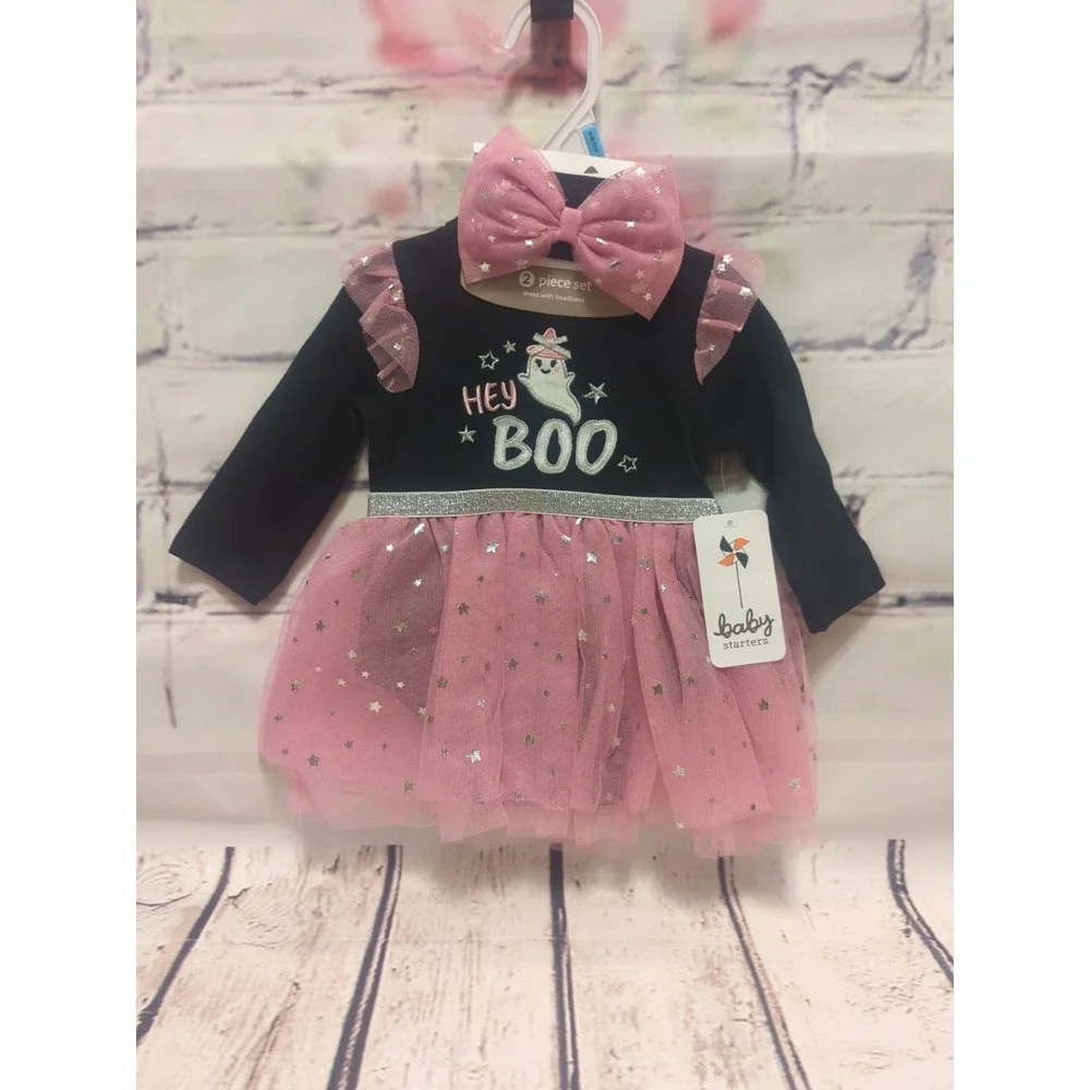 Infant Bodysuit Tulle Skirt with Matching Hair Bow Pink Sparkly Stars Sz 6 mths